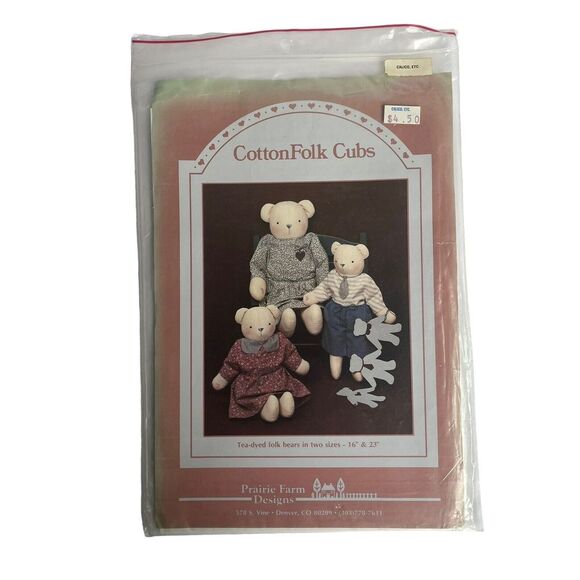 Cotton Folk Cubs Tea-Dyed Folk Bears in 2 Sizes Prairie Farm pattern packet *NOS - Picture 1 of 2
